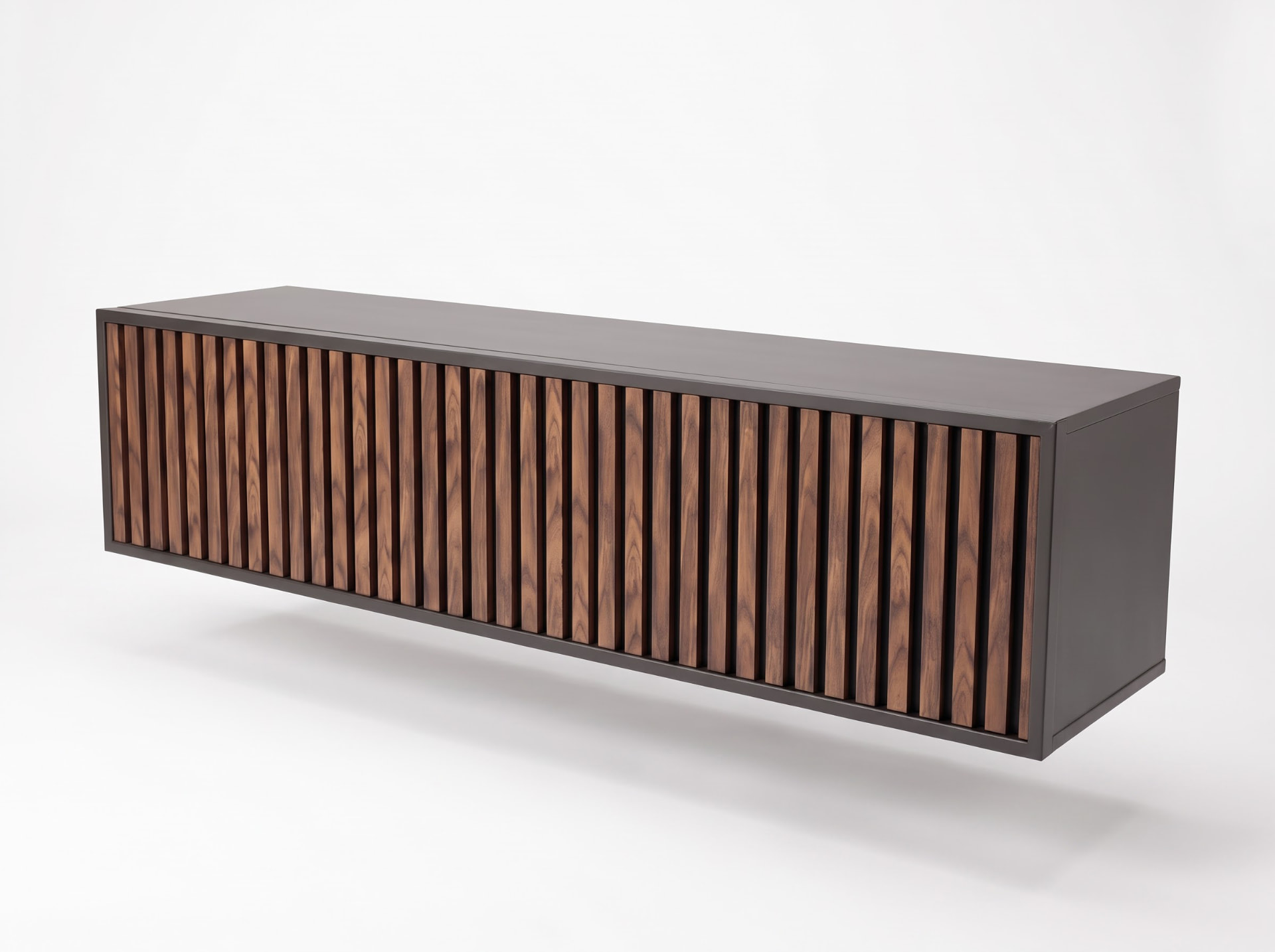 Vrijstaand ontwerpbeeld van het tv-meubel met houten lattenfront